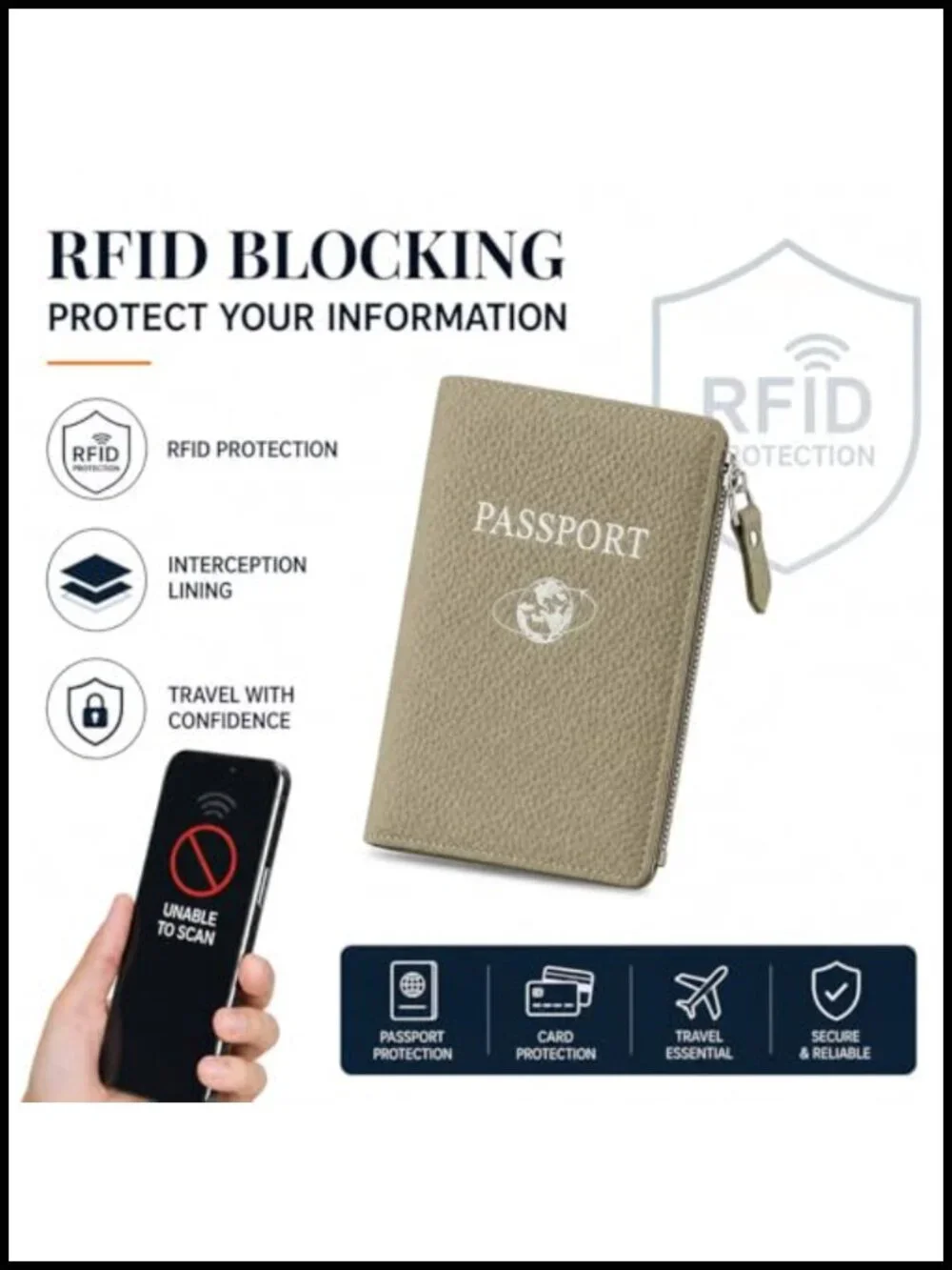 Passport Holder RFID Blocking Genuine Leather Wallet Card Slots Zipper Travel